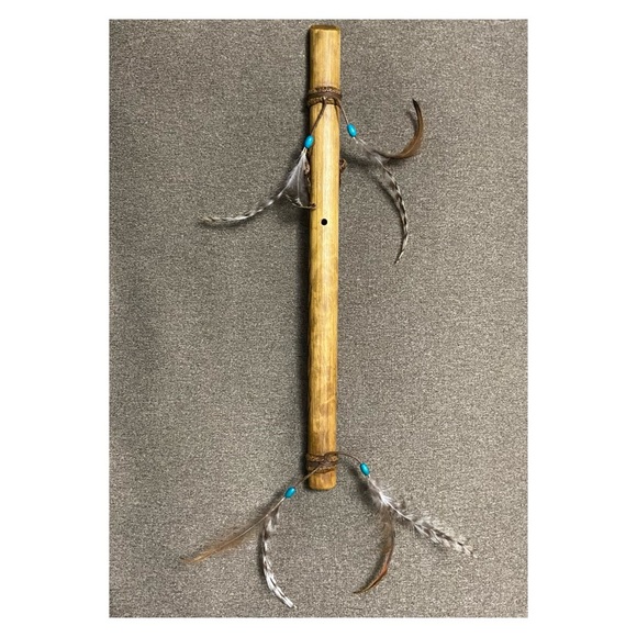 Vintage Hand Carved Wooden Flute with Leather Ties Feathers & Turquoise Beads - Picture 3 of 16